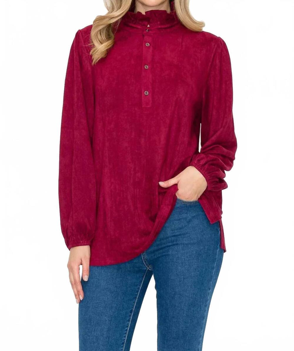 NEW JOH willabella suede top with ruffled collar in wine